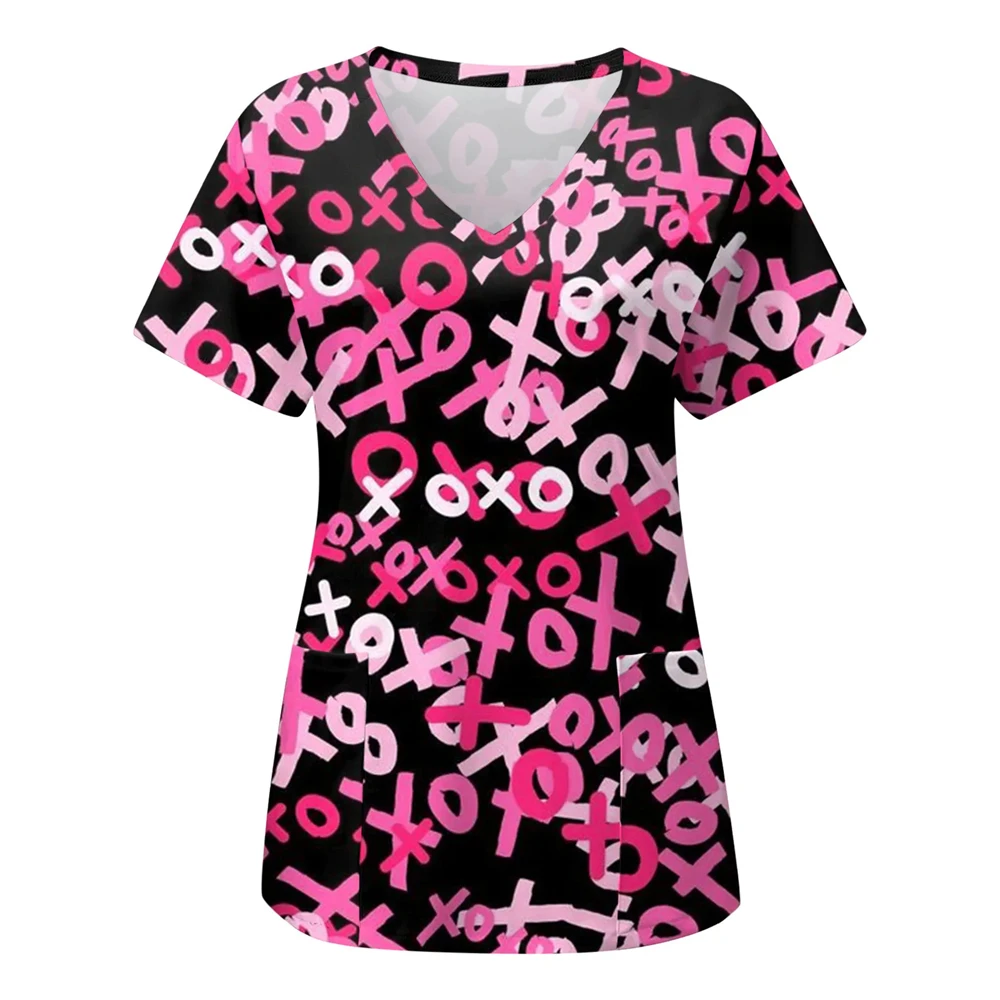 Love Print Scrubs Medical Uniforms Para Mujer Top Mate Con Cuello En V, Dental Uniforme De Enfermera Camisa De Manga Corta Monos