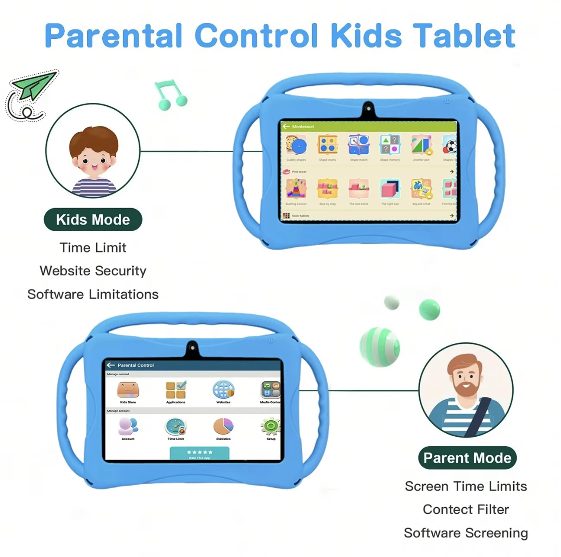 BDF 7-inch Tablet pre installed Children's Education Software Supporting WIFI Dual Camera Silicone Protection Case 4GB+64GB