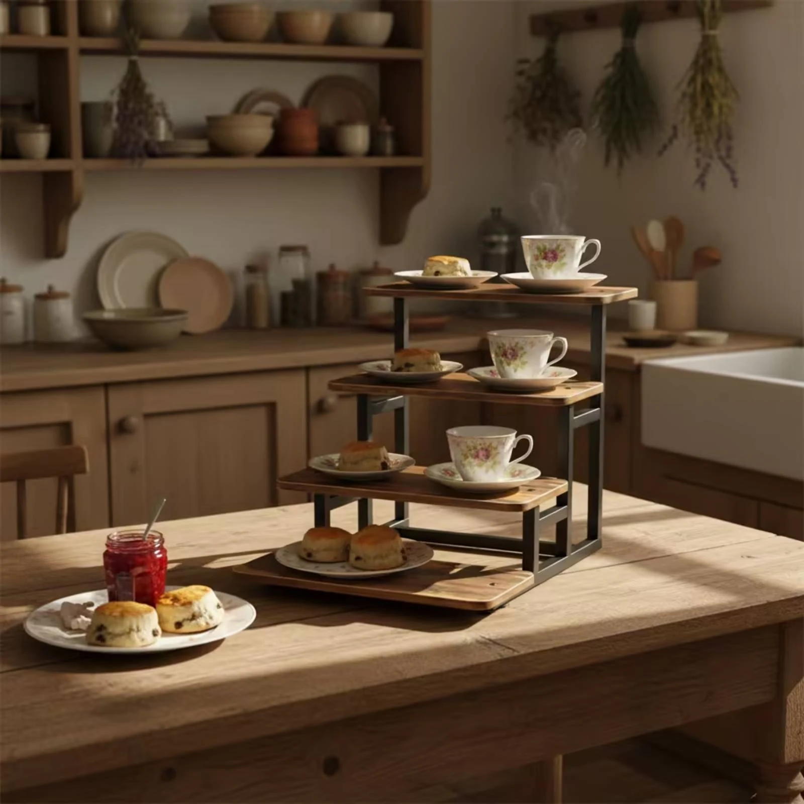 4-Tier Display Stand Stepped Cupcake Stand with Wooden Shelves Wood Display Riser Sturdy Vintage for Party Hosts, Dessert Tables