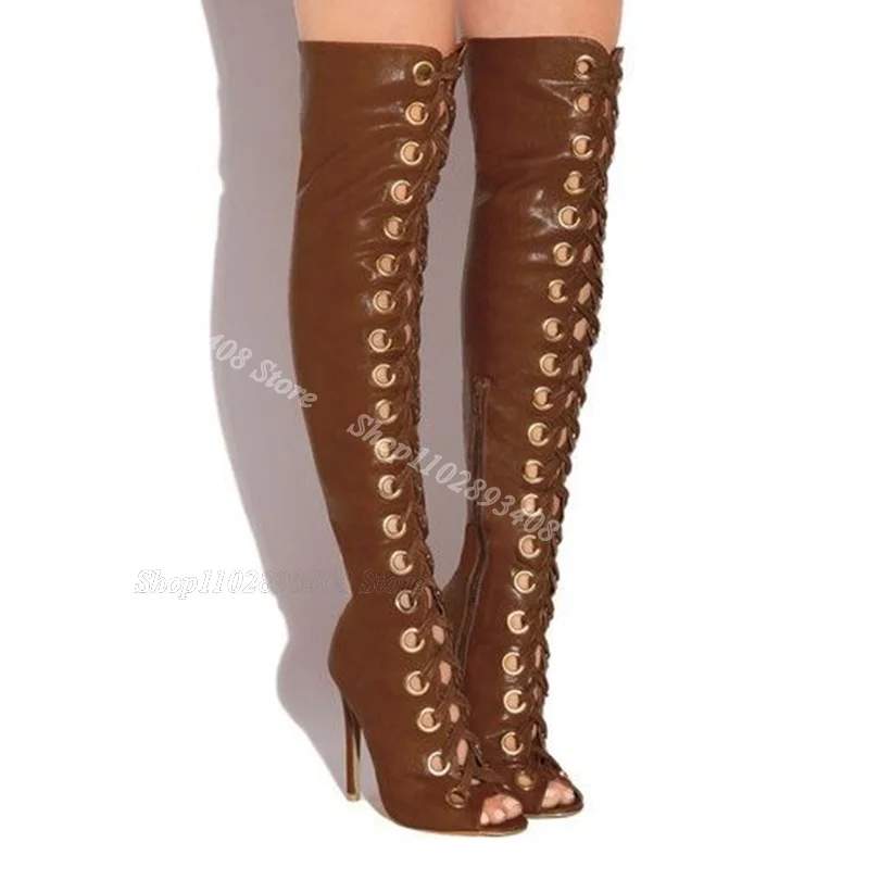 Botas de couro sobre o joelho, agulha peep toe, zíper lateral, marrom, renda, botas de festa, nova moda, 2024