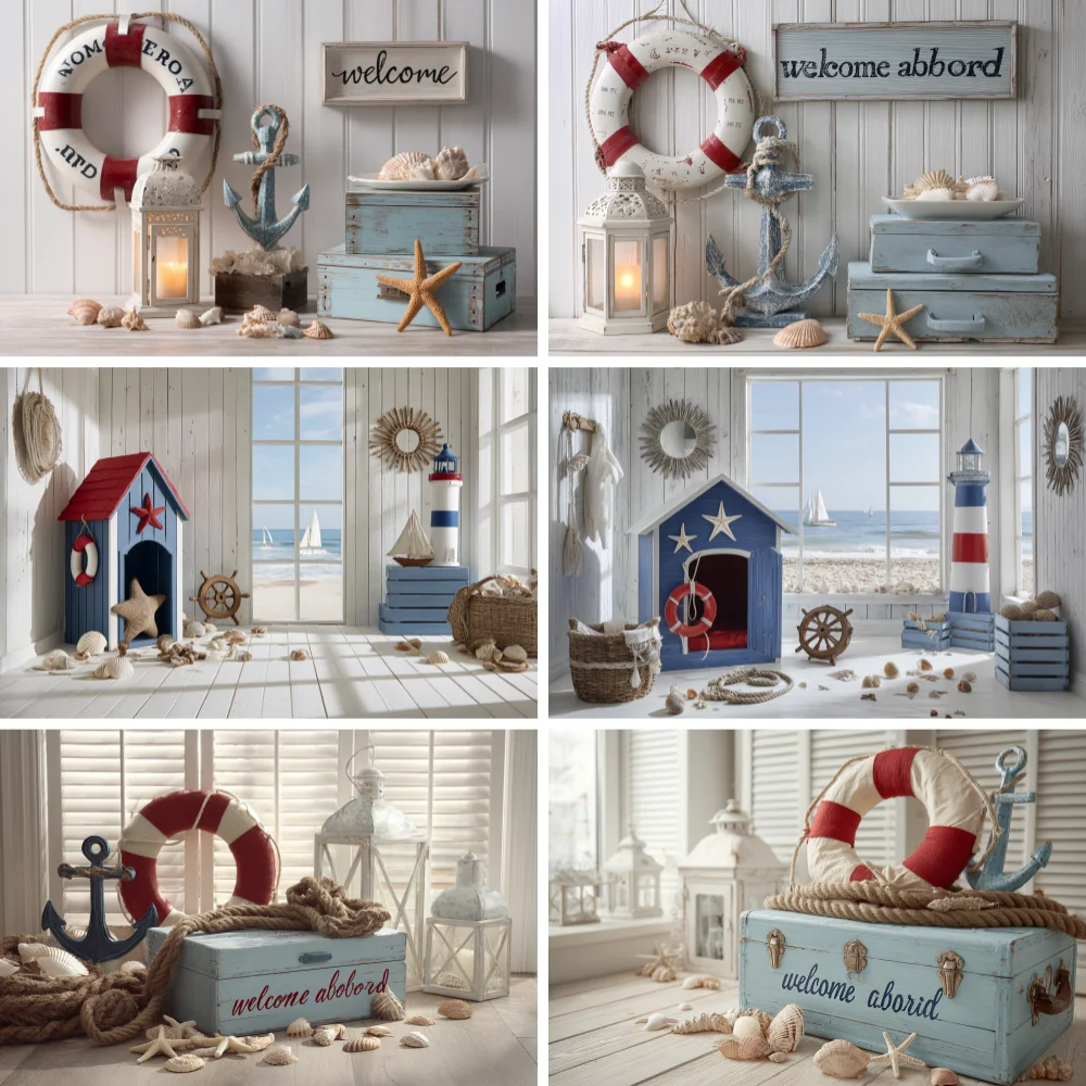 

Nautical Theme Baby Birthday Party Backdrop for Photography Sailboat Boat Starfish Wooden Board Sailor Portrait Photo Background