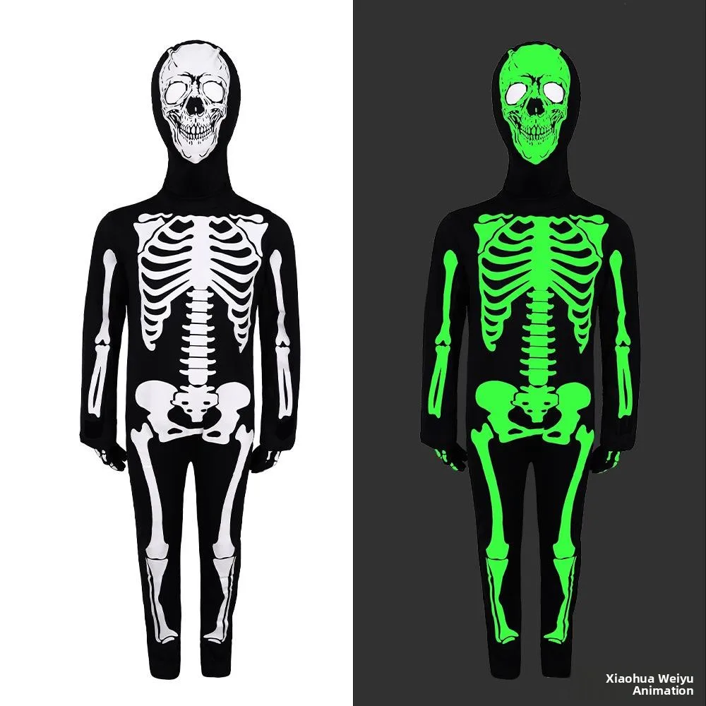 زي هيكل عظمي مضيء للأطفال لعروض المسرح وحفلات التنكر، بدلة قطعة واحدة لعيد الهالوين والفعاليات عبر الحدود