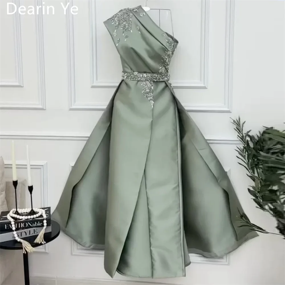 

Customized Prom Gown Saudi Arabia Dearin One Shoulder Column Floor Length Skirts Layered Ruffle Sequin Sleeveless Bead Bespoke O