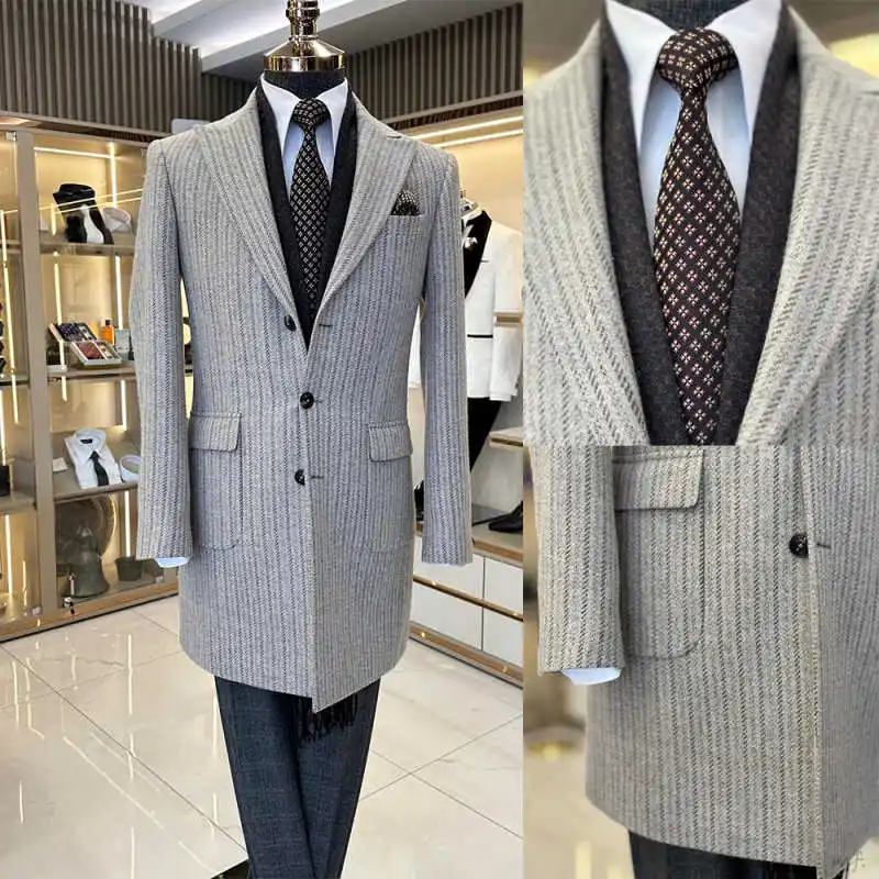 

Classic Men Wool Trench Long Coat Single Breasted Peaked Lapel Wedding Tuxedos Autumn Winter Customized One Piece