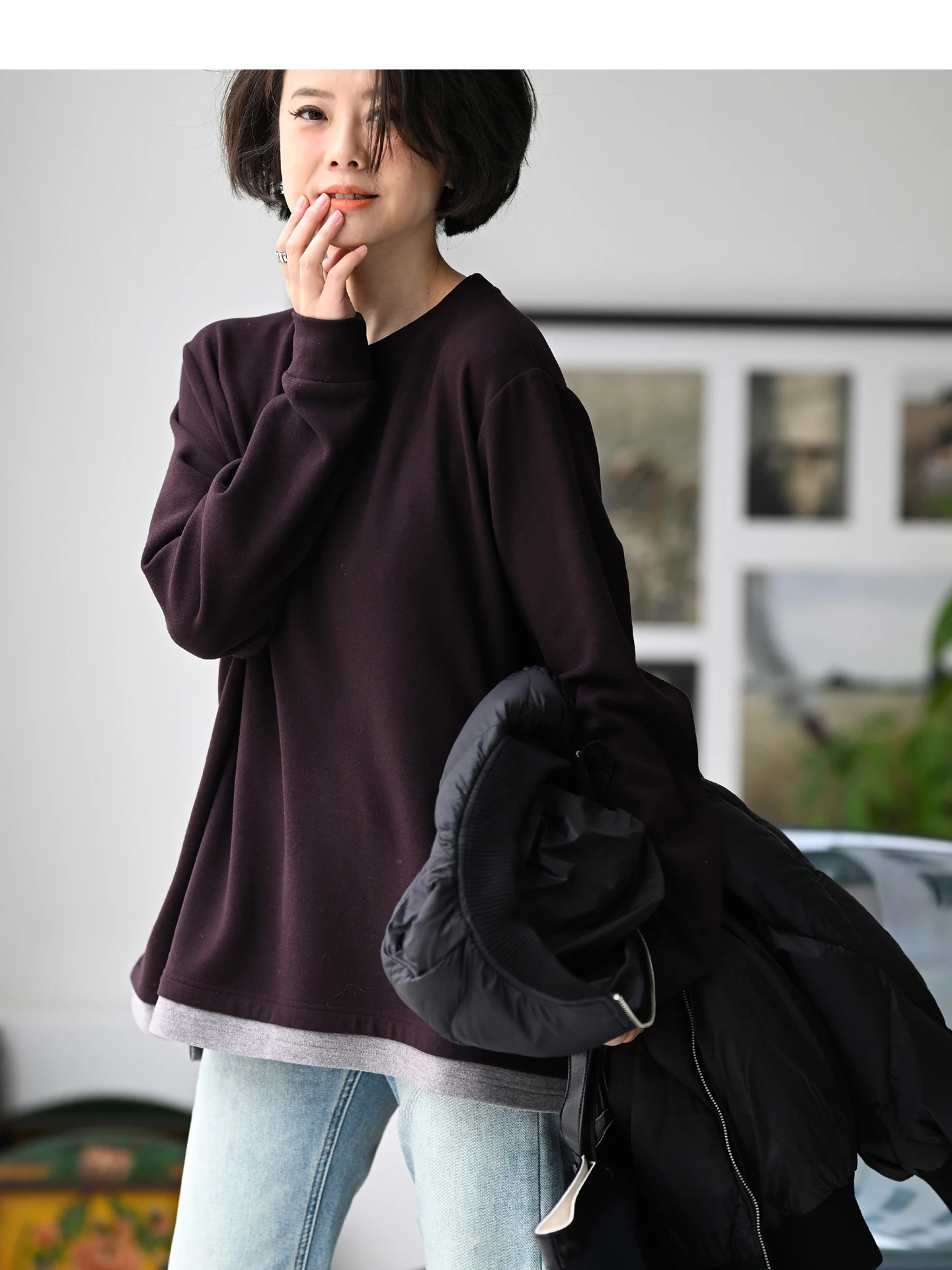 

Художественная повседневная круглая футболка Ne со свободными боковыми пуговицами, бархатный базовый слой, искусственная двухсекционная футболка, женский осенне-зимний топ Faion