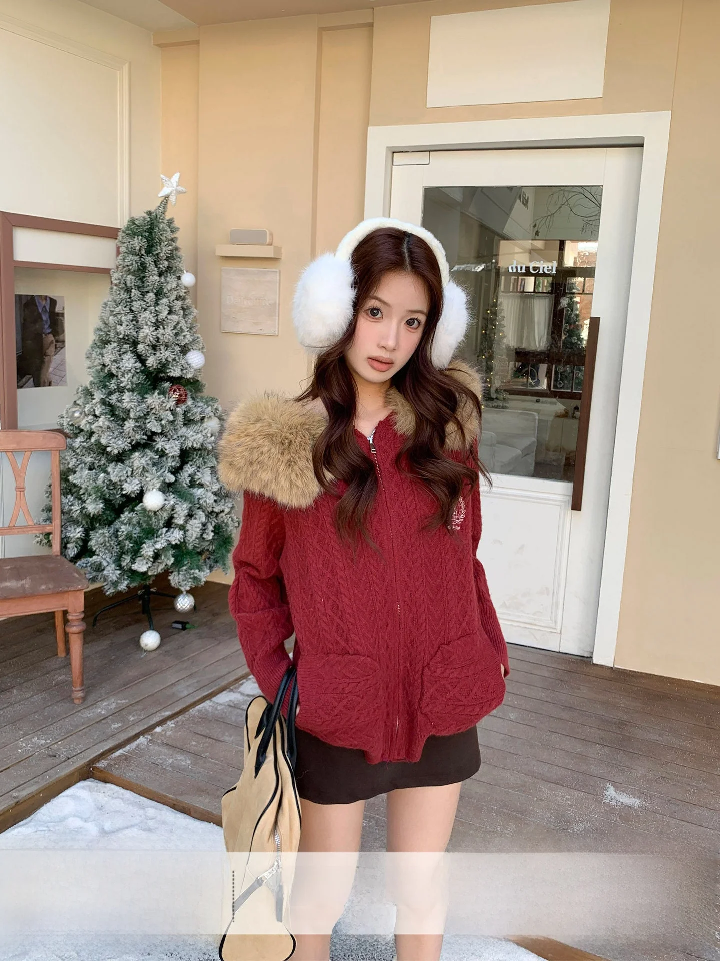 

Red Knitted Sweater with Fur Collar Orange Tree New Year's Faion Women's Winter Warm Cardigan Vintage Sle Long Sve Zipper
