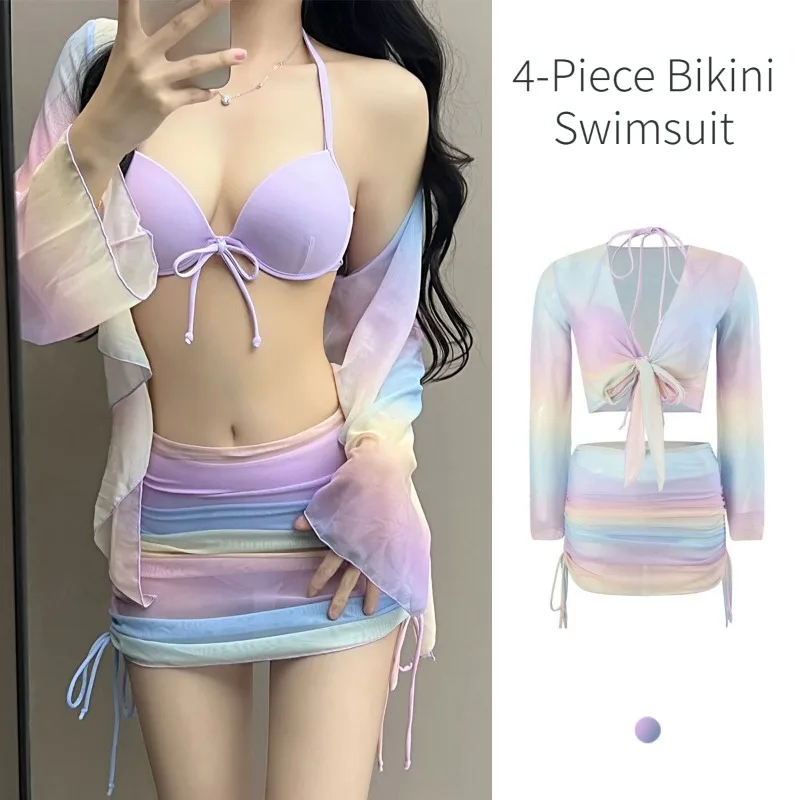 

4 Piece Bikini Swimsuit Set Summer Fashion Sexy Gradient Color Separates Conservative Long Sleeve Swimwear Set for Women