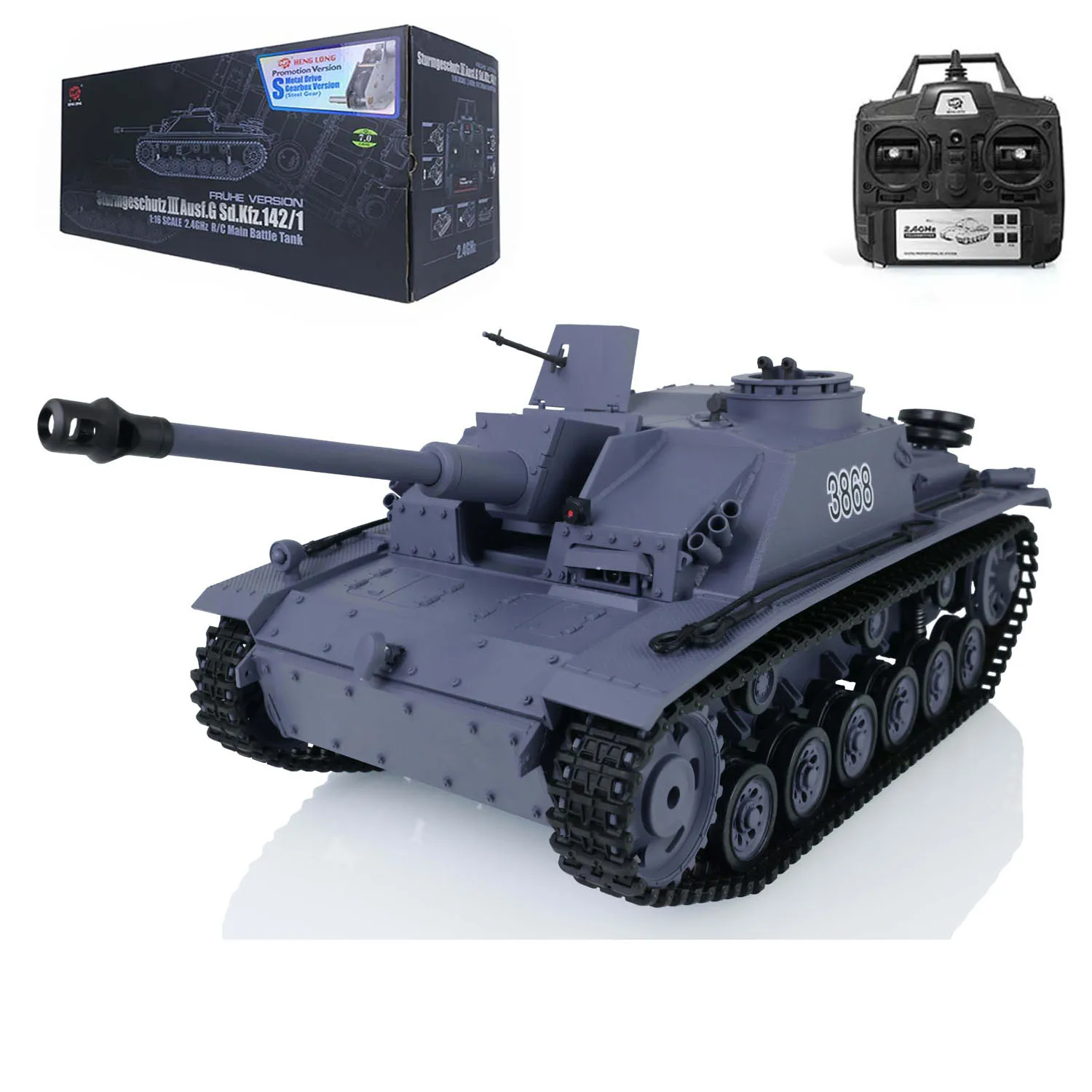 HengLong 1/16 Scale 7.0 Plastic German Stug III 2.4G  RTR RC Tank Model 3868 BB Shooting Smoke Unit Speaker Infrared Battle Toys