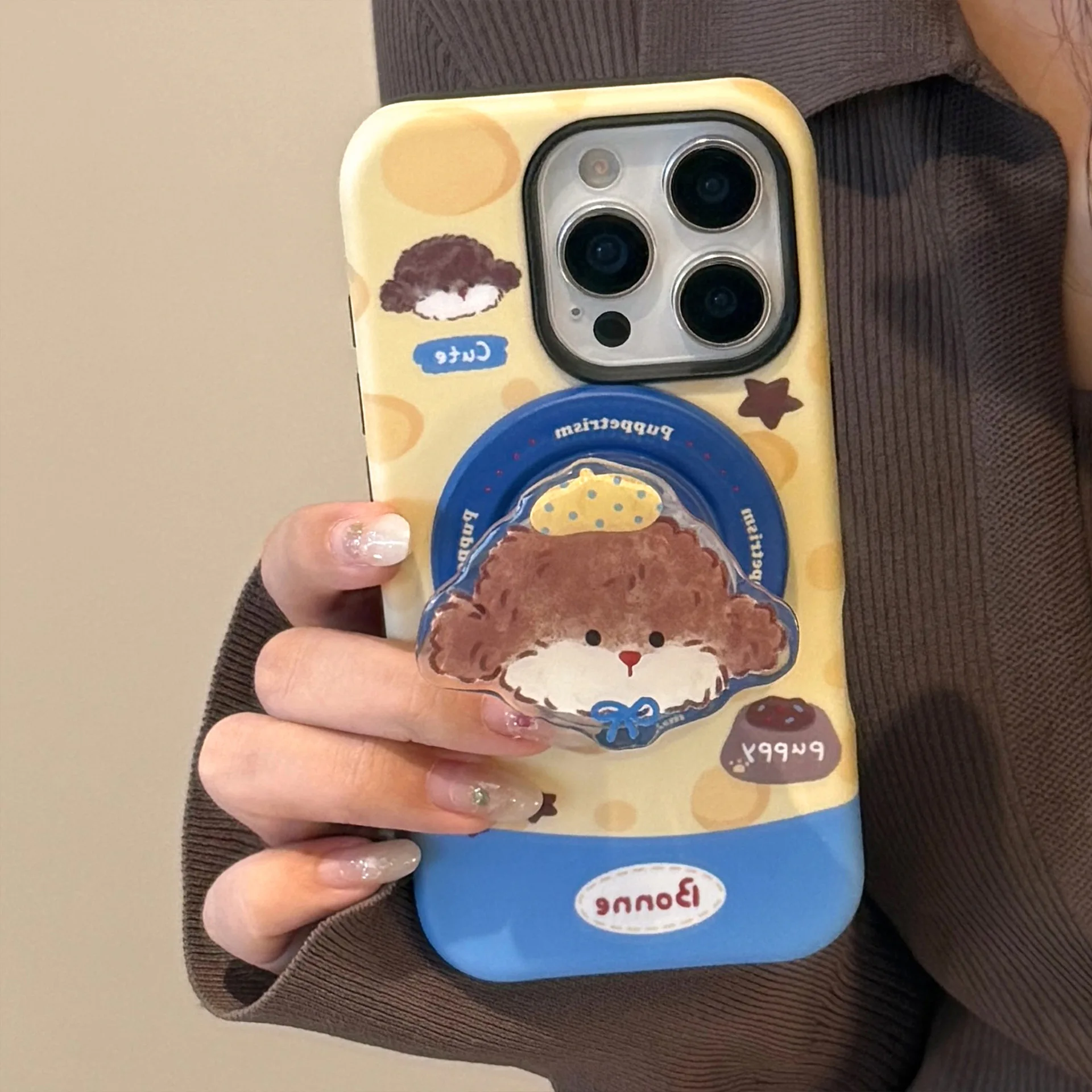 

Cartoon Fun Cheese Puppy With Holder Magnetic Wireless Charging Phone Cover Case for iPhone 17 16 15 14 13 12 Pro Max Plus Air