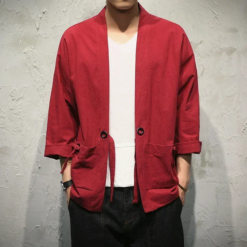 

Cotton Linen Shirts Men Kimono Traditional Open Stitch Shirt Belt Pocket Male Three Quarter Sleeve Shirt Harajuku Hemp Shirts