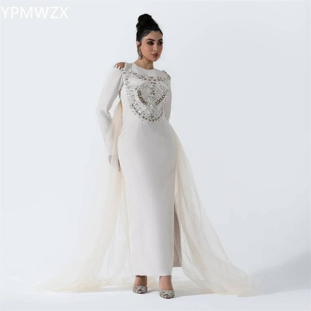 

Customized Evening Dress Formal Party Occasion YPMWZX Scoop Neckline Column Floor Length Skirts Tulle Bead Bespoke Occasion Dre