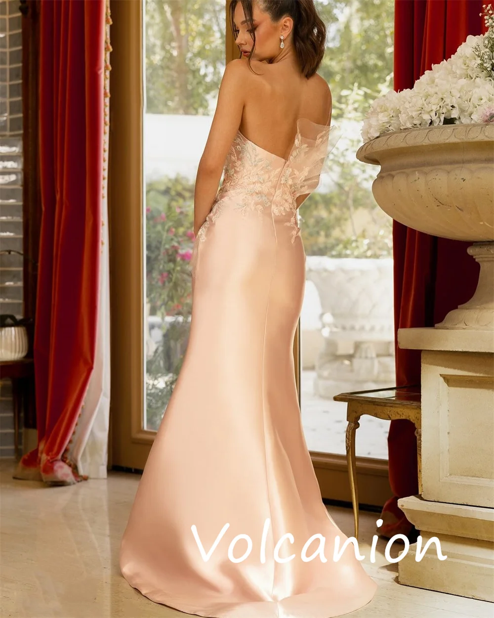 Customized Fashion Elegant Charmeuse Sequined Flower Trumpet Strapless Long Dresses Bespoke Occasion Simple