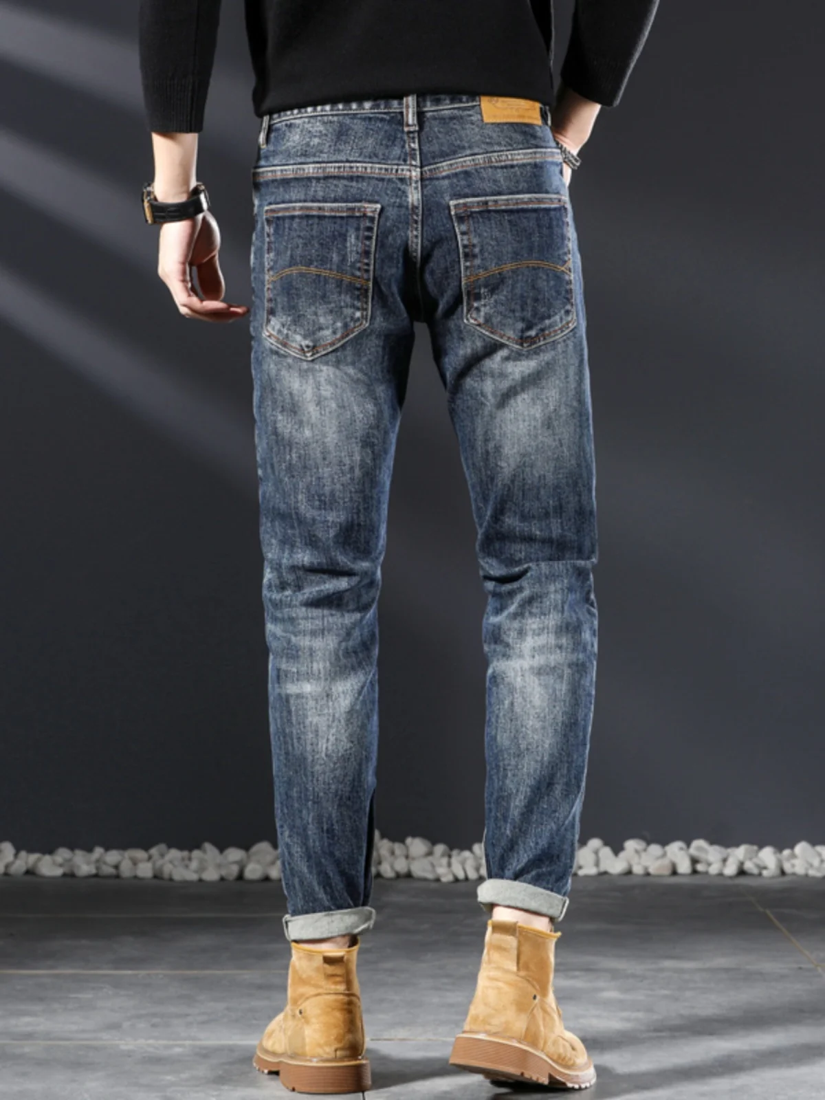 Retro Men's Jeans Elastic Wear-Resistant Straight Leg Casual Versatile Long Trousers Trendy Cotton Stretch Denim mid Waist Zi...