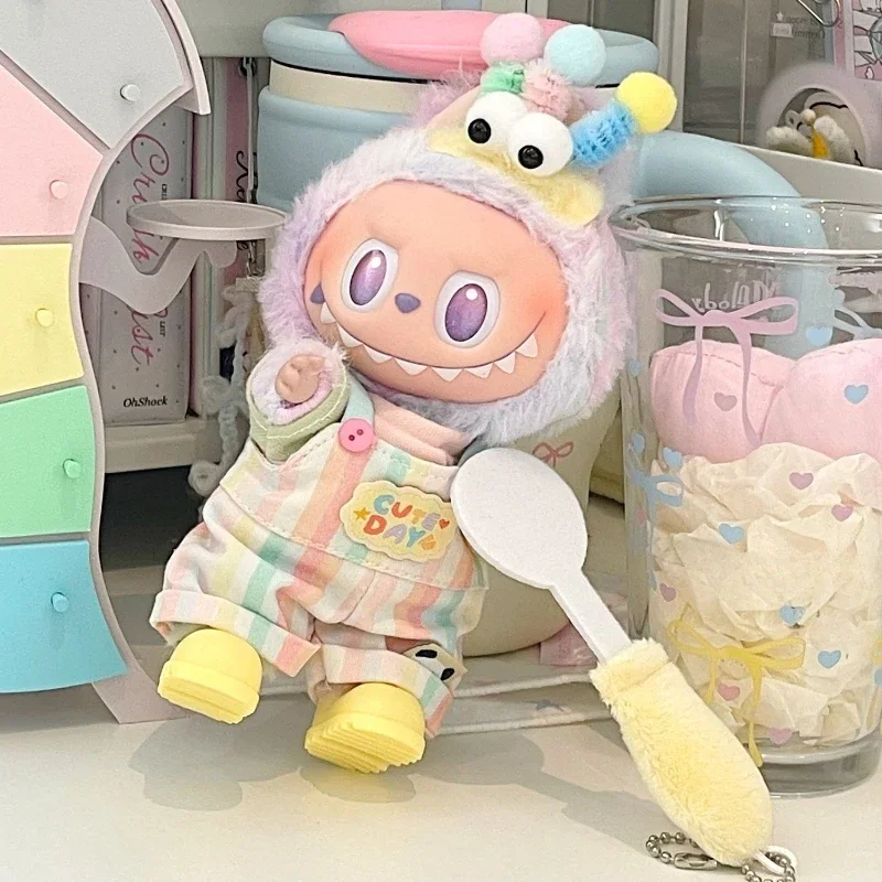 Suitable for Labubu V1 V2 V3 17cm Vinyl Dolls Clothes Headdress Tops Overalls Shoes Four-piece Set Trendy Cool Accessories Gifts