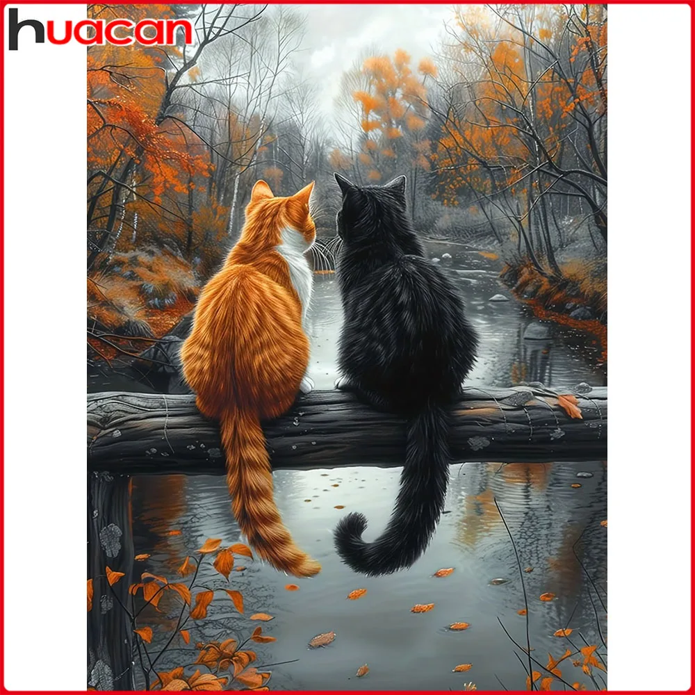 

Huacan DIY алмазная живопись кошка осень Алмазная вышивка животное пейзаж полный комплект картина из стразов