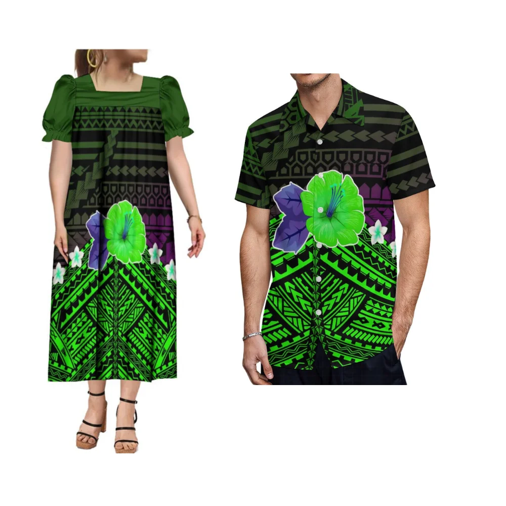 2024 New Fashion Couple Set Polynesian Tribe Design Women'S Mumu Puffy Sleeve Dress And Men'S Shirt Travel Casual Set