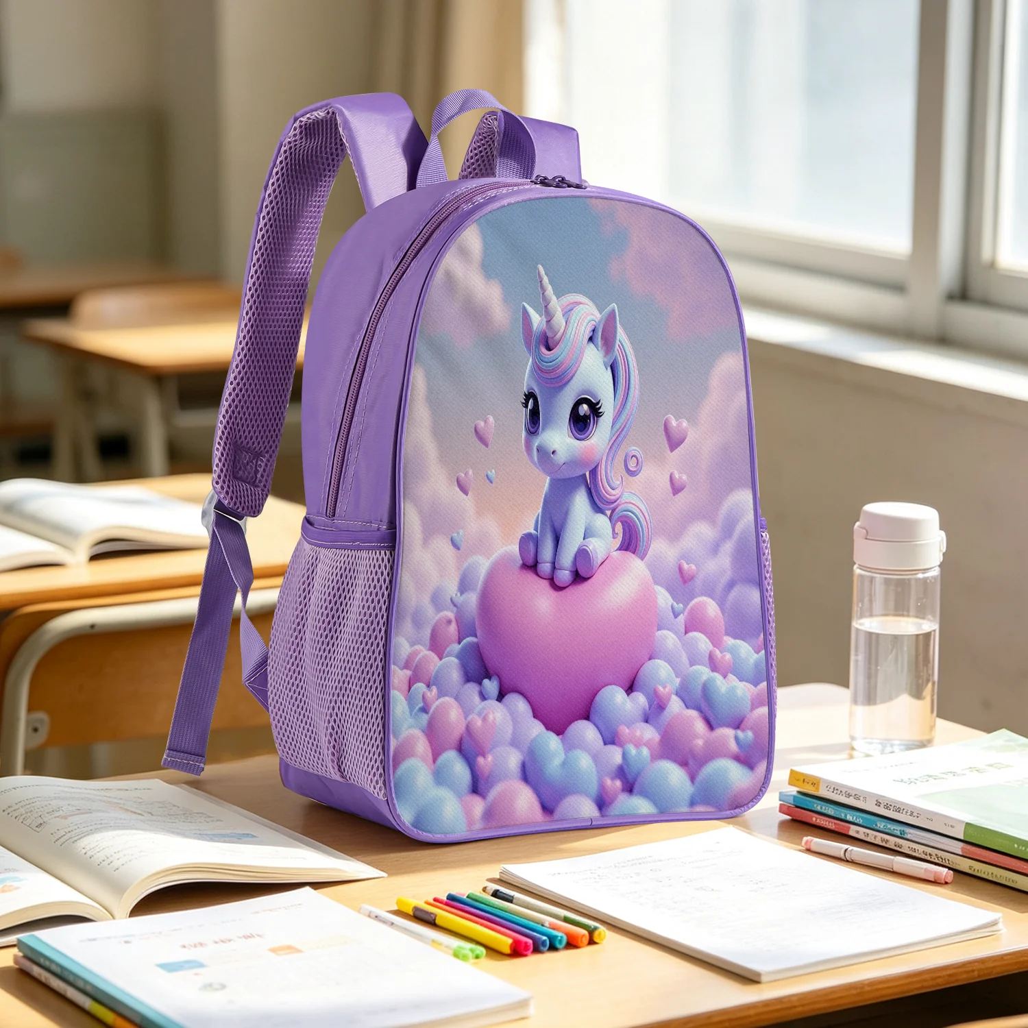 Cute Purple Unicorn Backpack Lightweight School Bookbag with Heart Cloud Blue Print Adjustable Padded Straps Travel