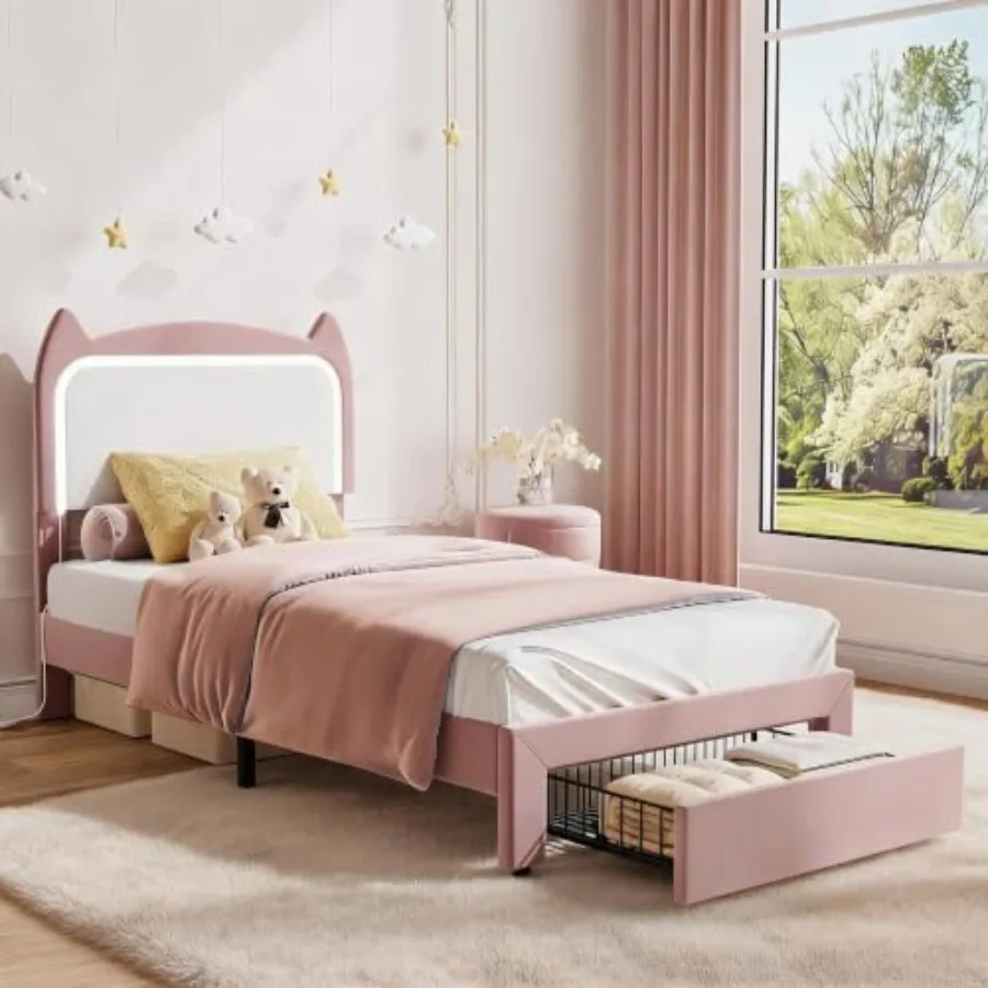 Cat Shaped Bed Platform with Storage Drawer, Low Profile No Box Spring