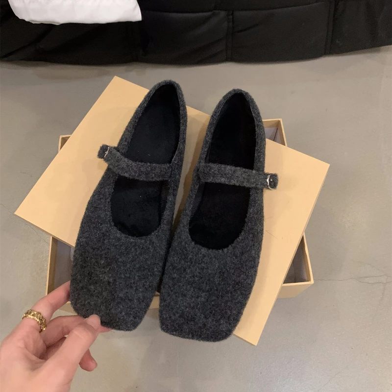 Autumn Woolen Fur Women Cotton Flats Shoes Concise Outdoor Soft Sole Shoes Ladies Comfort Square Toe Warm Mary Jane Shoes