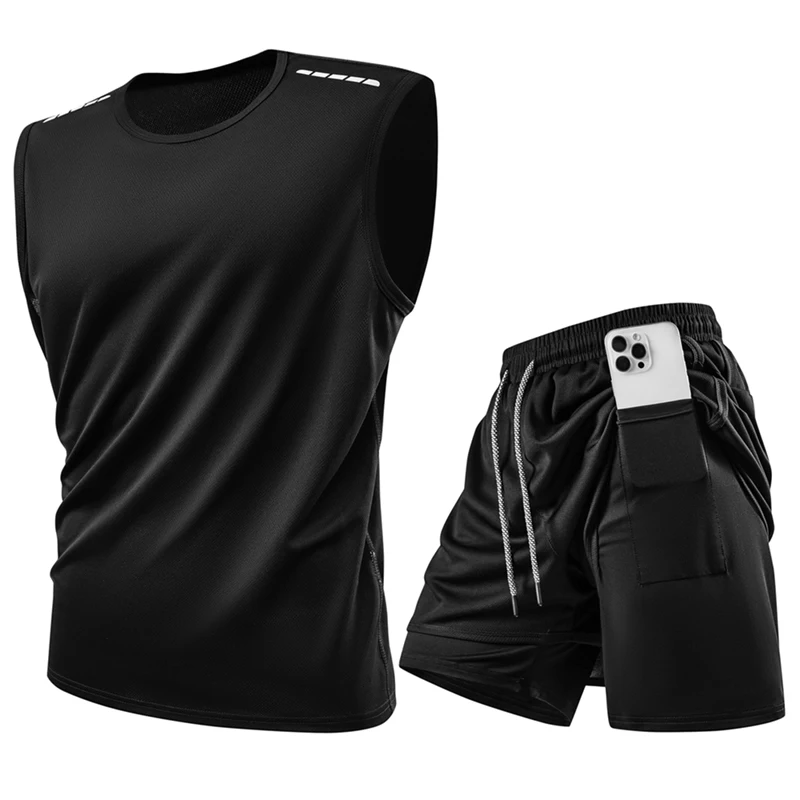 

Мужской быстросохнущий спортивный костюм для фитнеса и тренажерного зала: дышащий комплект для хайкинга и бега (майка + шорты), мягкий, эластичный, для занятий спортом на открытом воздухе