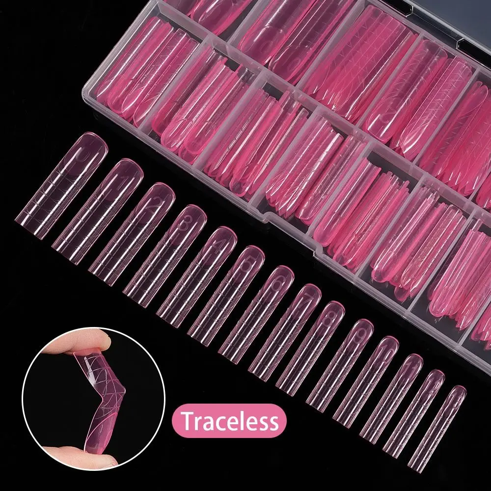 140個/箱 フレンチネイル デュアルフォーム クイックビルディング ジェルモールド スクエア ピンク 透明 ネイルエクステンションモールド フルカバー スケール付き