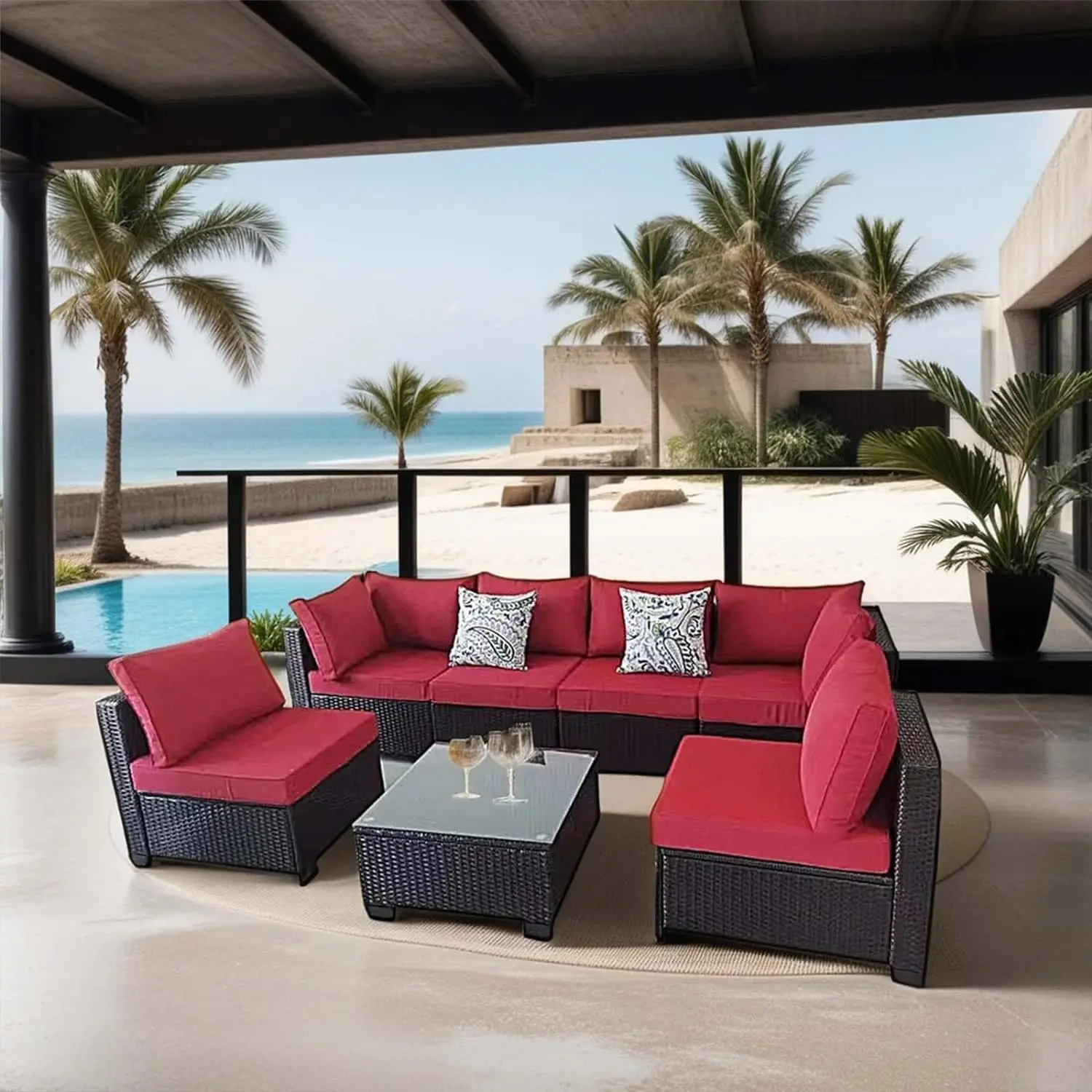 

7Pieces Wicker Outdoor Patio Conversation Set Sectional Sofa Couch Chairs Coffee Table Anti-Slip Cushions and Waterproof Covers