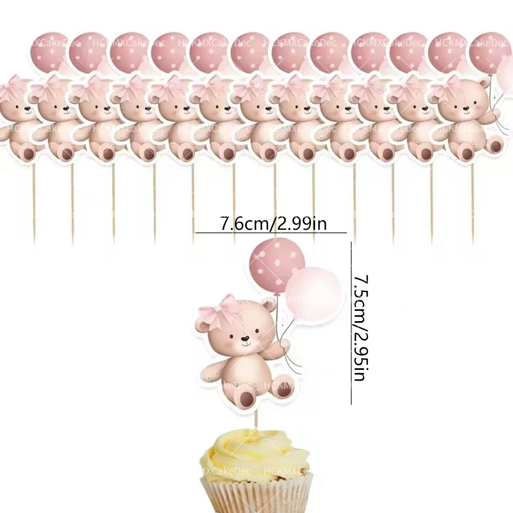 12er/24er-Set Teddybär-Cupcake-Topper, blau-rosa Ballonbär-Kuchenaufsätze für Babyparty, Geschlechtsoffenbarung, Geburtstagsfeier-Dekoration – Detail 5