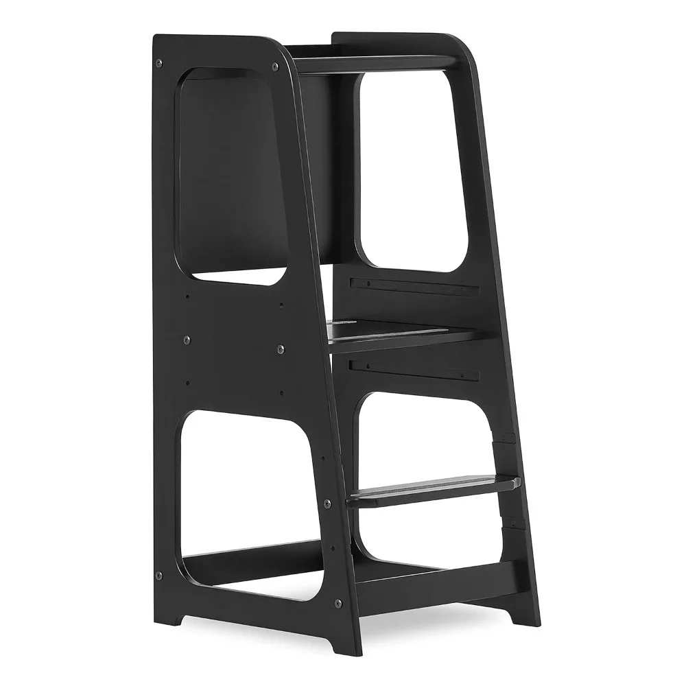 

Tower & Step Stool in Black, Anti-Slip Base, Multipurpose Kids Step Stool, 3 Platform Heights, Chalkable Black Board