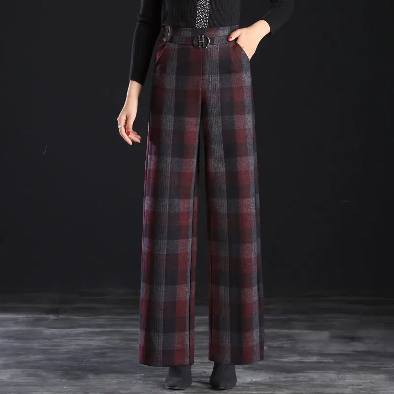 

Koreon Vintage Women Thicken Wool Plaid Pants Spring Autumn Elastic High Waist Fashion New Oversize Casual Wide Leg Trousers 5XL