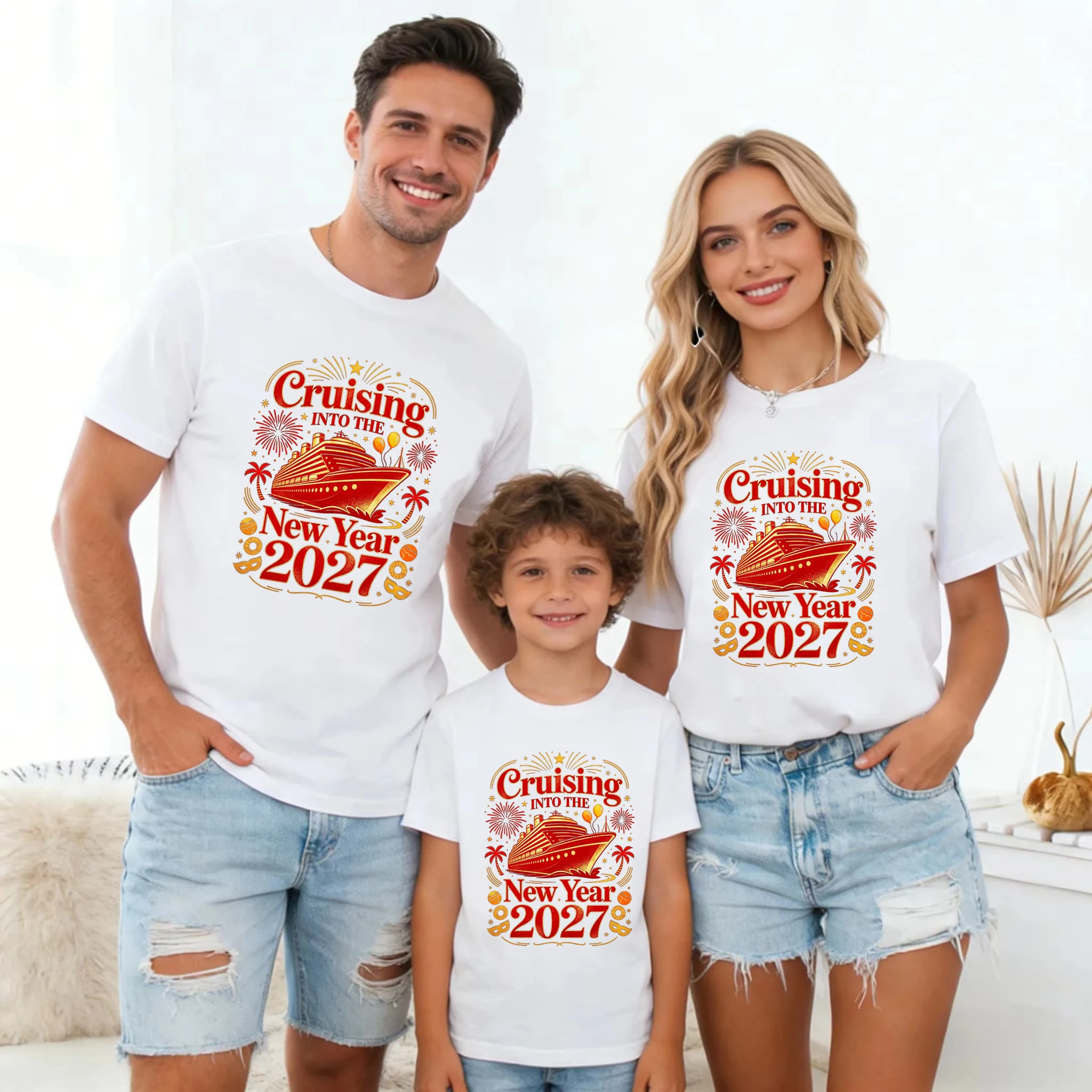 Cool Cruising Into The New Year 2027 Family Matching Printed T Shirt New Year'S Gift T-Shirt Dad Mom Son Daughter T-Shirt