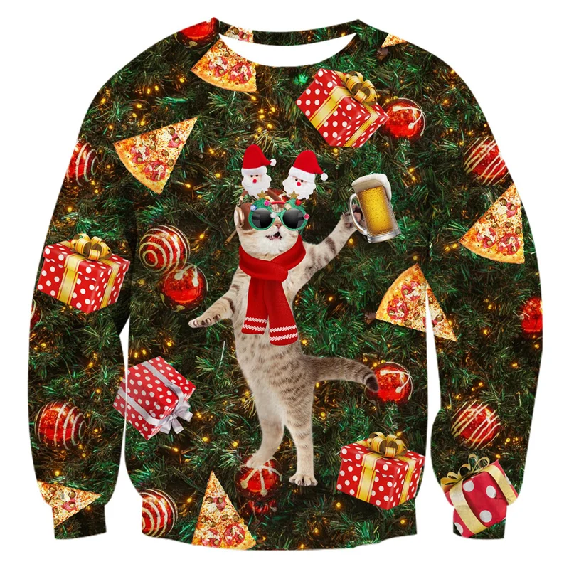 3D Printed Christmas Gift Cat Sweatshirt For Men Beer Pizza Pattern Pullovers Casual Loose O-Neck Long Sleeve Unisex Hoodies