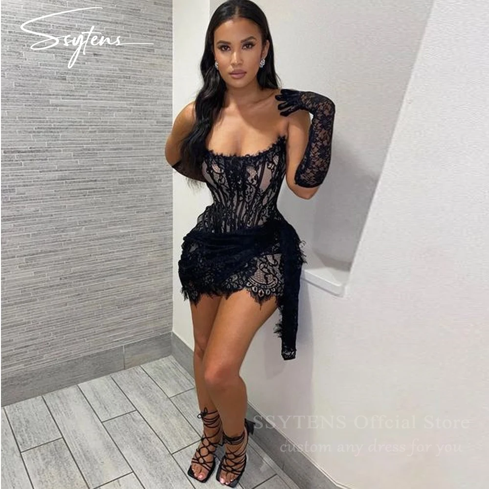 SSYTENS Sexy Mini Strapless Prom Dresses Customized Short Plus Size Black Vestido De Festa Tule Corset Back Dubai Evening Dress