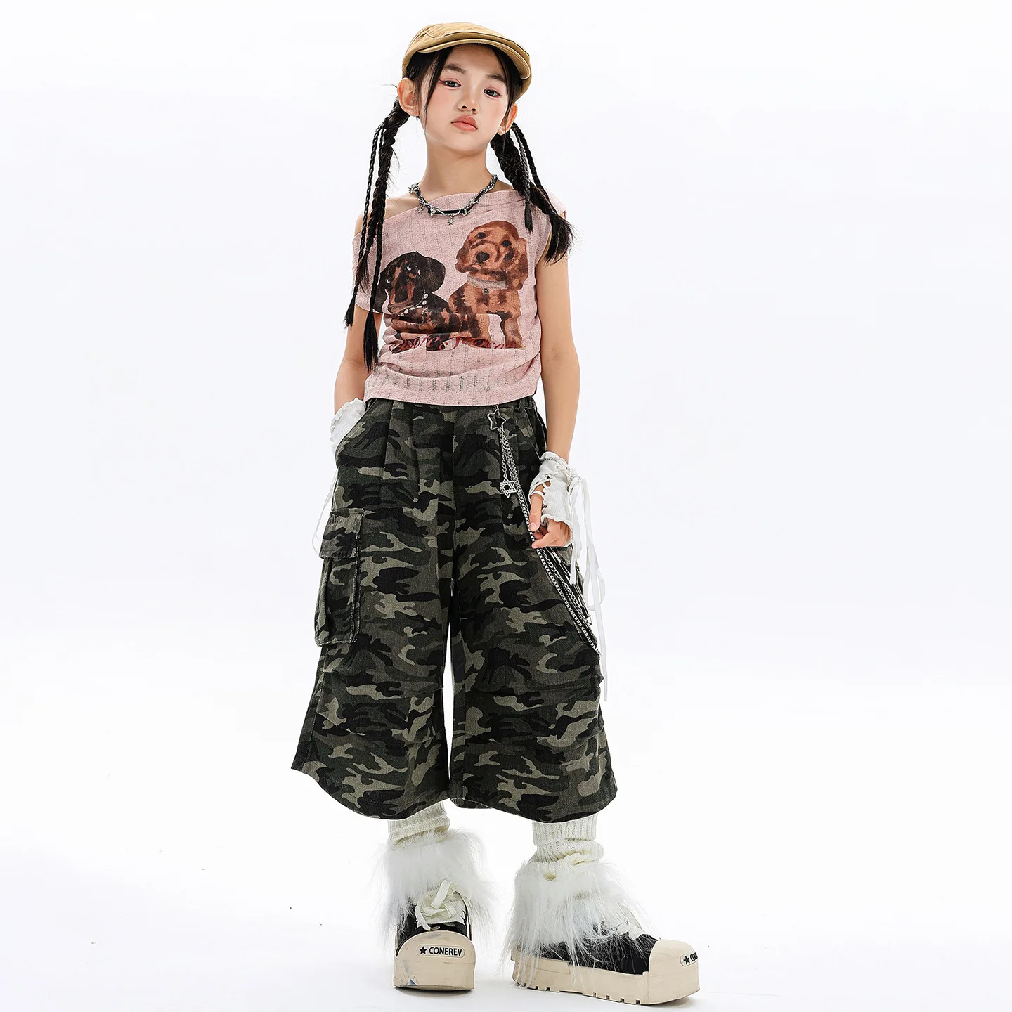

Kid Kpop Hip Hop Clothing Pink Cute Dog Print T Shirt Top Camo Casual Cargo Shorts Middle Pants for Girl Dance Costumes Clothes
