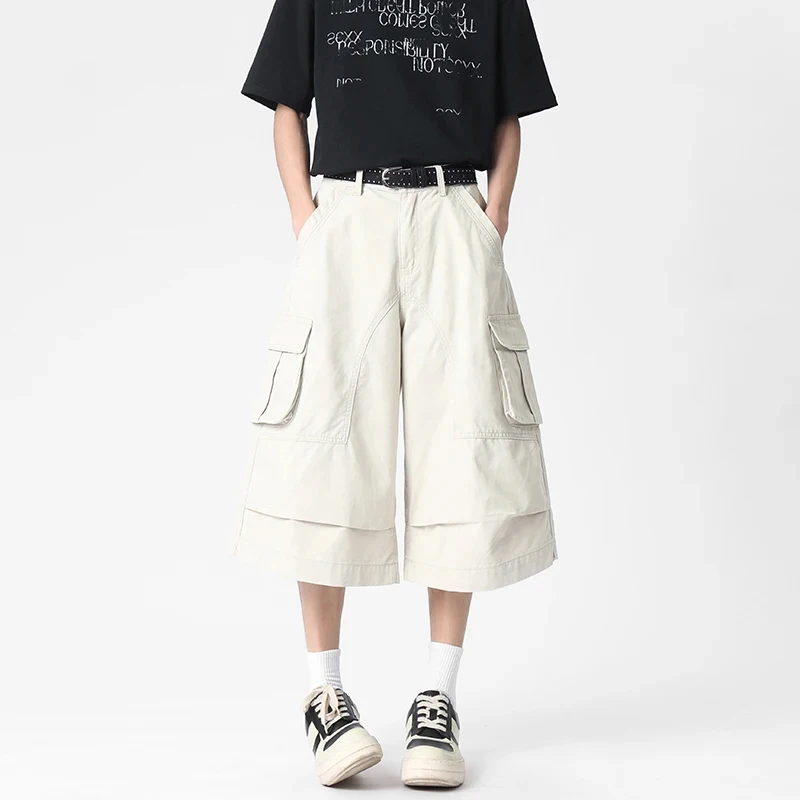 

Washed Patchwork Pleated Workwear Men's Shorts Folded Hem Design Wide Leg Loose Casual Knee Length Pants Summer New