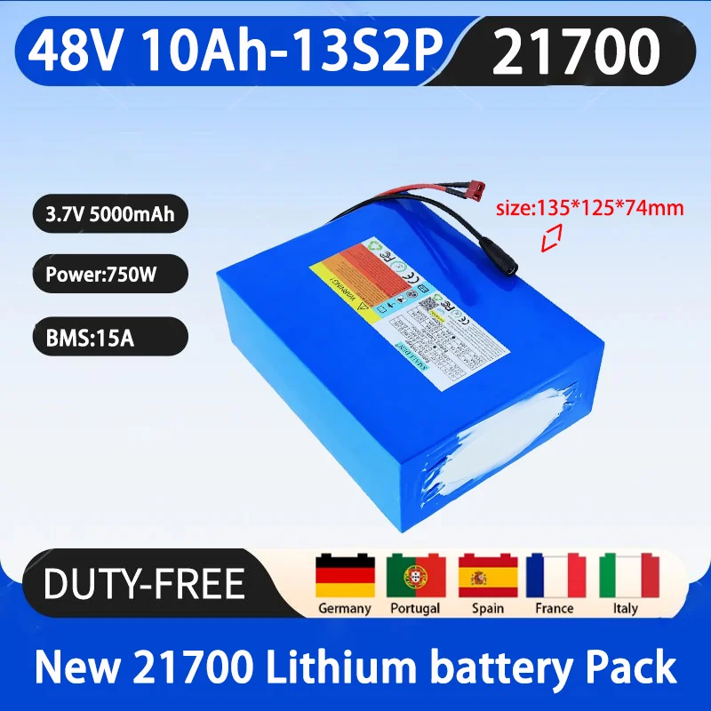 New 48V 10Ah 21700 13S2P lithium-ion battery pack with 750W outdoor backup battery, equipped with 15A BMS+54.6V 2A charger