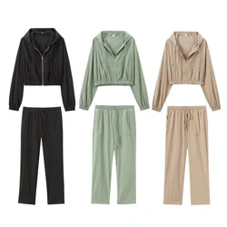 Taop&Za 2024 Summer New Product Women's Casual Long sleeved Hooded Jackets, High Waist Draping Pants Set