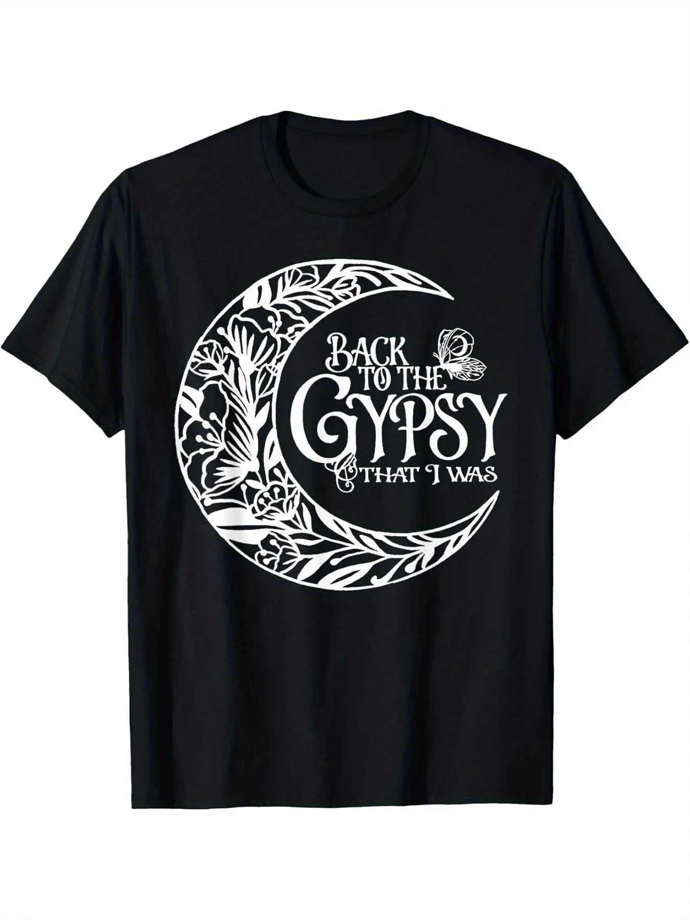 

Men's 100% Cotton Short Sleeve T-Shirt - Black Casual Fitness Training Tee with "Back to the Gypsy" Floral Letter Graphic,