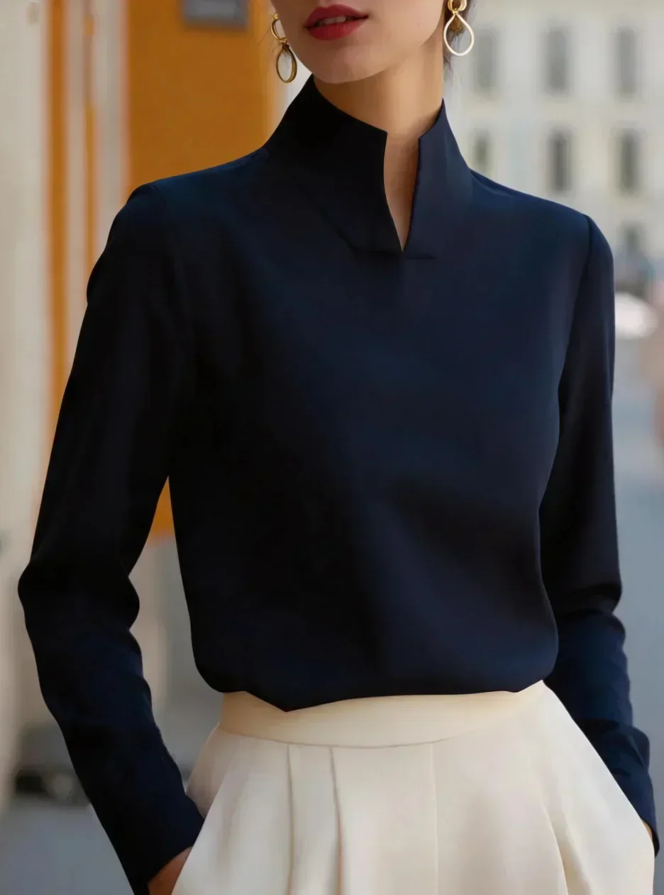 Damen-Bluse mit Stehkragen und Schlüsselloch-Ausschnitt, Langarm, Satin, Glatt, Elegant, für Büro und Business – Detail 5