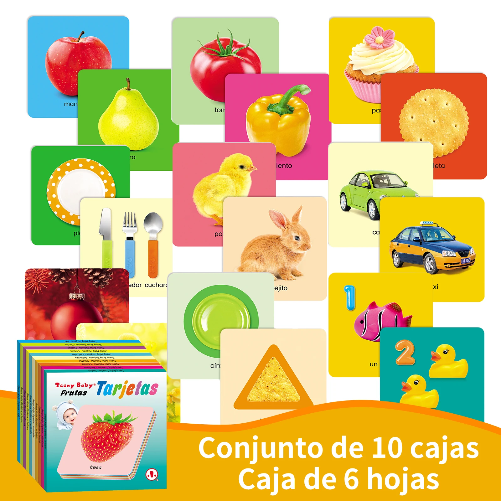 Spanish Learning Flashcards for Babies 10-Box Set 6 Sheets per Box Educational Toy