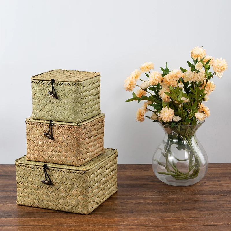 Handmade Seagrass Woven Storage Box with Lid Natural Seaweed Organizer Basket Sundry Bath Cosmetic Towel Desktop Container