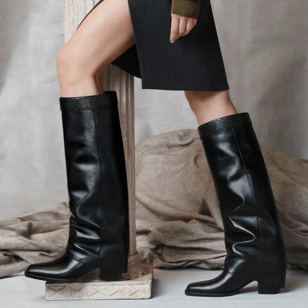 

NIGO Women's Autumn And Winter Long Trouser Boots Fashion Dress Cowhide Gold Buckle Chunky High Heel Short Boots #NGSH1468