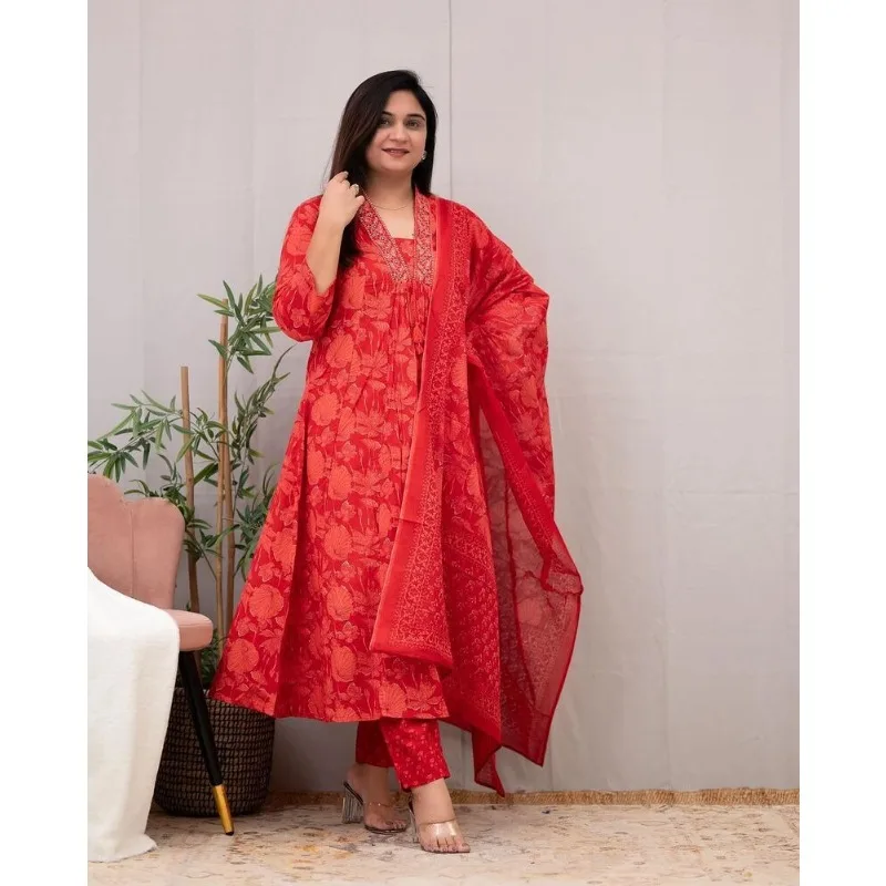 Red Color Printed Kurti Palazzo & Dupatta Women Salwar Kameez Suit Kurta Palazzo