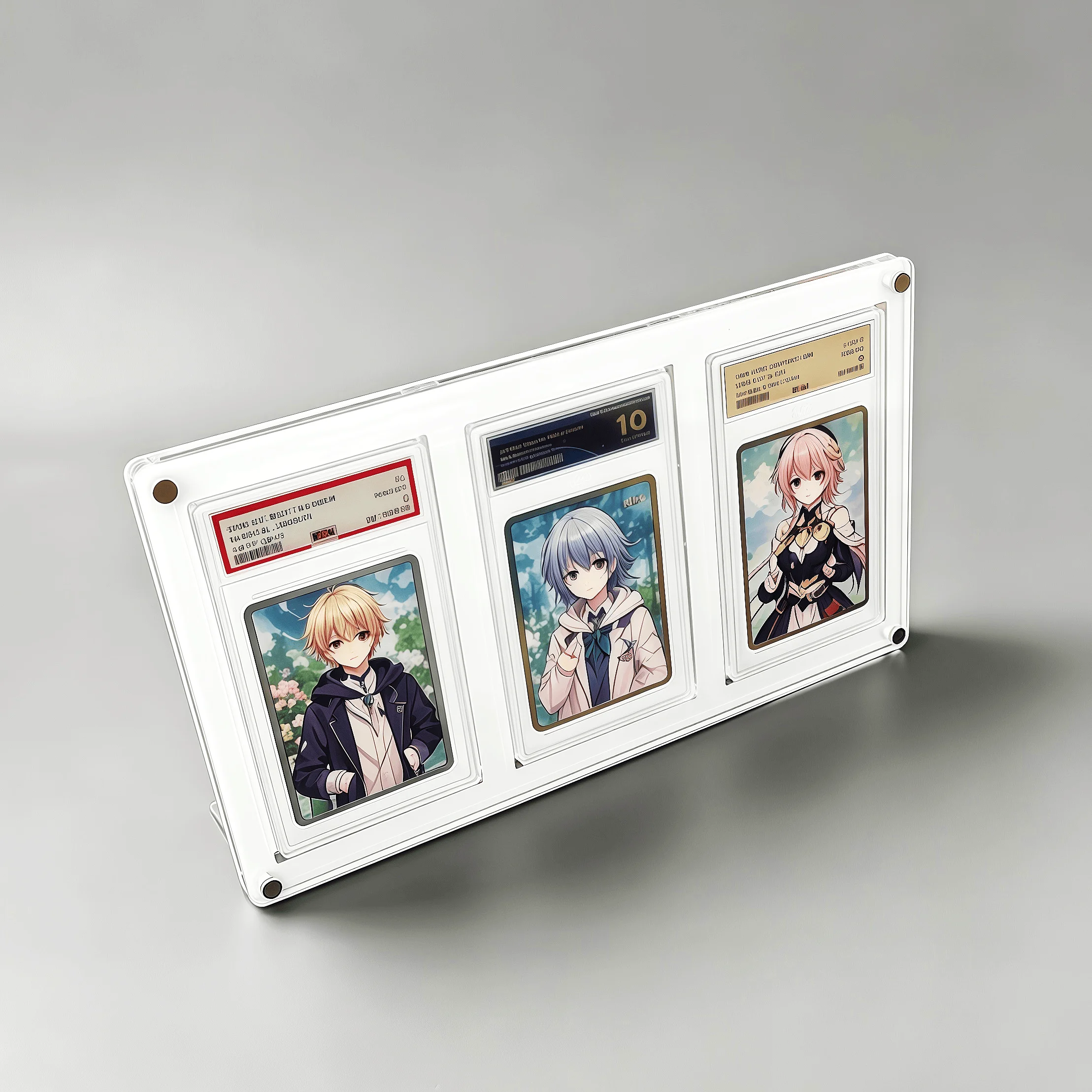 3-Slot Clear Acrylic Graded Card Display Stand White Card Holder PTCG YGO Graded Trading Cards Crystal Clear Edges