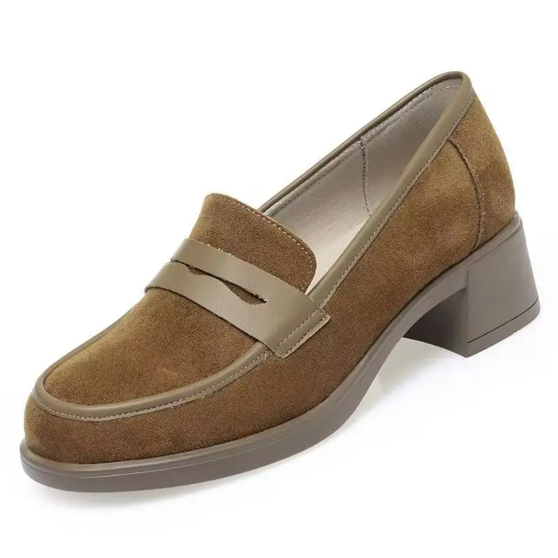 

Женские кожаные лоферы на блочном каблуке, весенне-осенние новые повседневные кожаные туфли без шнуровки с круглым носком в британском стиле телесного цвета