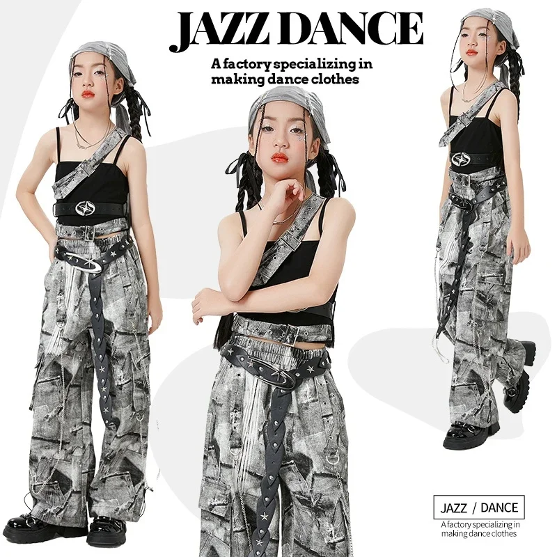 

American Punk Hip Hop Trendy Graffiti High Waist Cargo Pants Children Girls Jazz Dance Costume Baggy Trousers Kpop Outfit XH2523