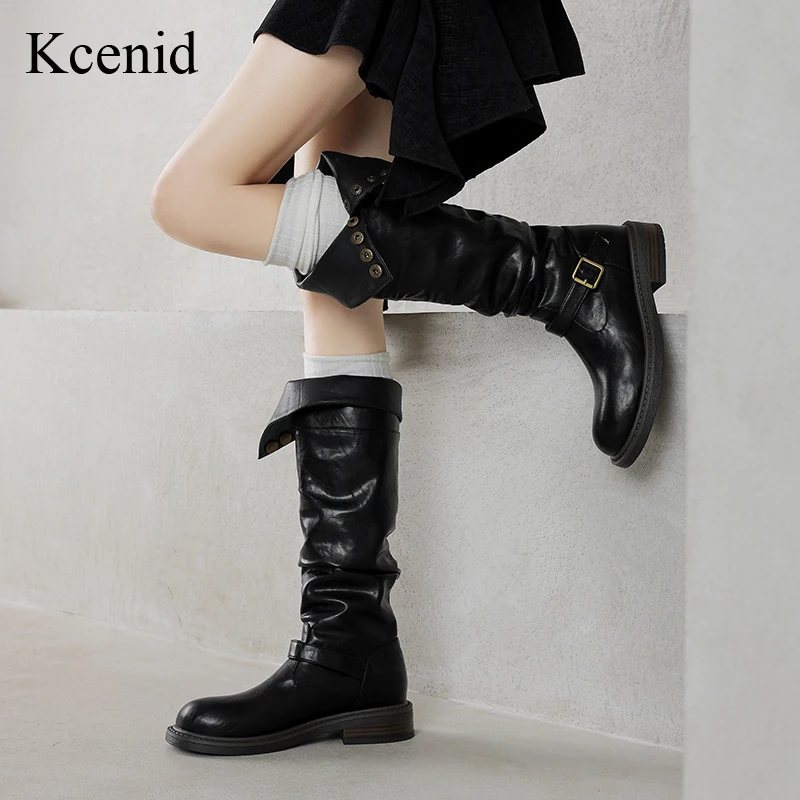 

Kcenid Autumn Winter Women's boots Knee High Boots Western Round Toe Long Boots Women Shoes Low Heel Buckle Platform Shoes New