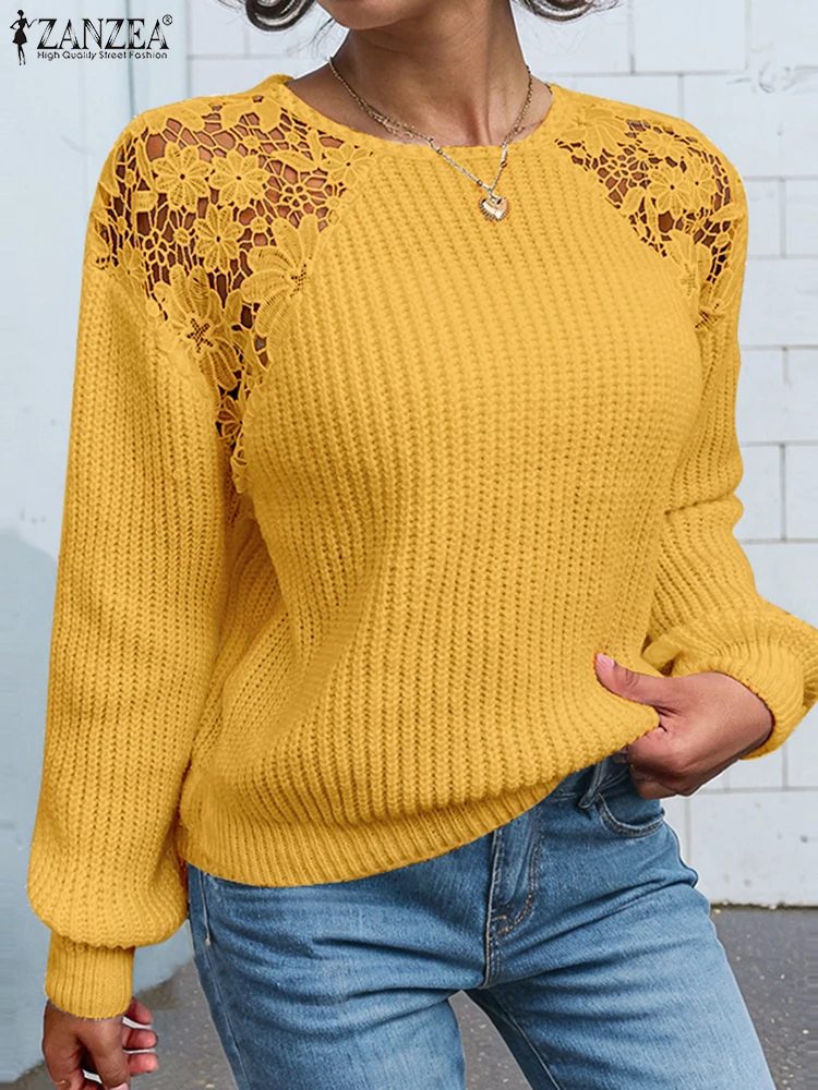 ZANZEA Vintage Solid Color Sweater Holiday Lace Hollow Out Jumpers Fashion Women Long Sleeve Loose Pullover Autumn Stitching Top