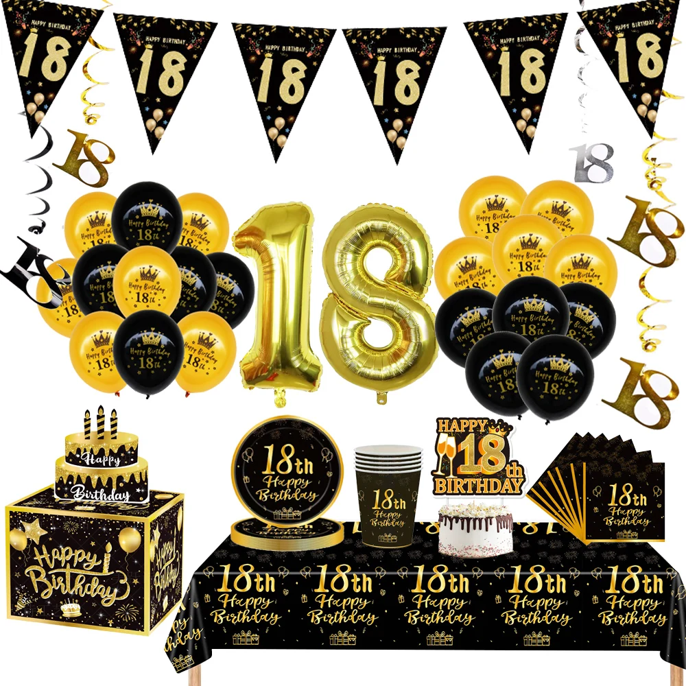 18th Birthday Decorations for Boys Girls Black Gold Party Banner Birthday Balloons Tablecloths Cake Topper Tableware Supplies