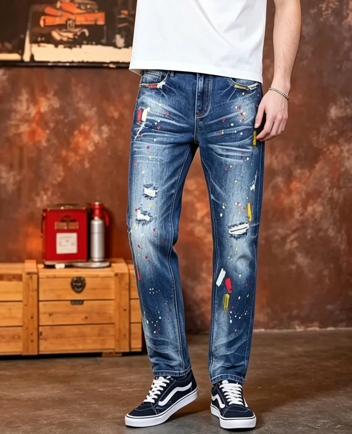 【HME】Men's Jeans | Art Splatter Paint Denim Pants for Men, vintage Washed Distressed Denim Fabric, Hand-Painted colorful Ink Spots, Ripped Frayed Details, Natural Whisker Fading, Reinforced Stitching, Straight Loose Cut, Street Hiphop Style
