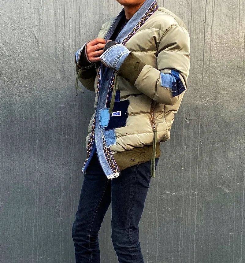 Greg Lauren Autumn and Winter Vintage Patch Design Denim Stitching Cardigan Coat Robe Mid-Length down Jacket Men Thermal Clothes